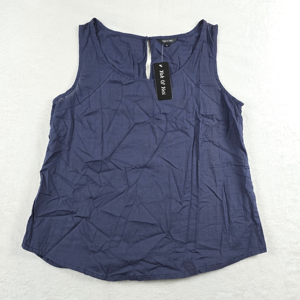 Yak n Yeti Navy Blue Cotton Dobby Sleeveless Tank Top Blouse Large Handmade NWT